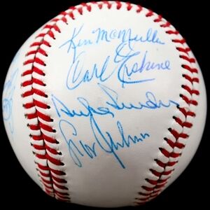 Rawlings White Baseball with Red Stitching and Blue Signatures